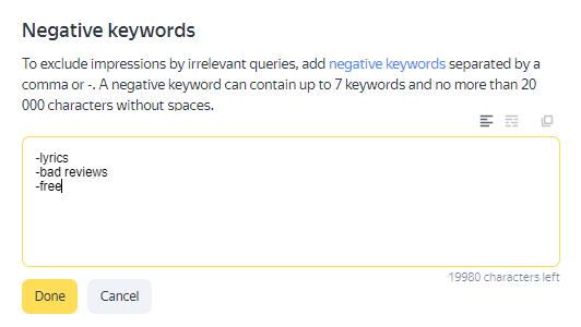 Negative keywords